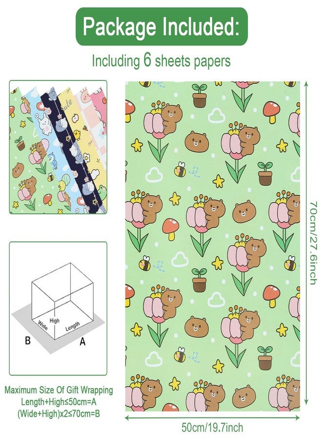 Unigift Colorful Animal Gift Wrapping Paper, 6 Folded Sheets Birthday Wrapping Paper Cute Frog Rabbit Bear Cat Gift Wrap Paper 20x28 inch for Baby Girl Boy Kid Baby Shower Children's Day Christmas Party - Image 2